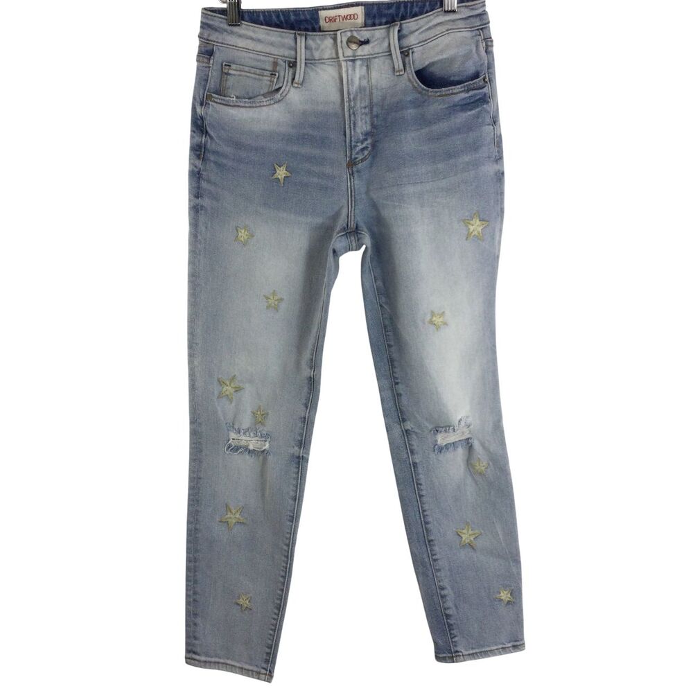 Driftwood Gizelle Star Embroidered Distressed Girlfriend Skinny Jeans Size 26